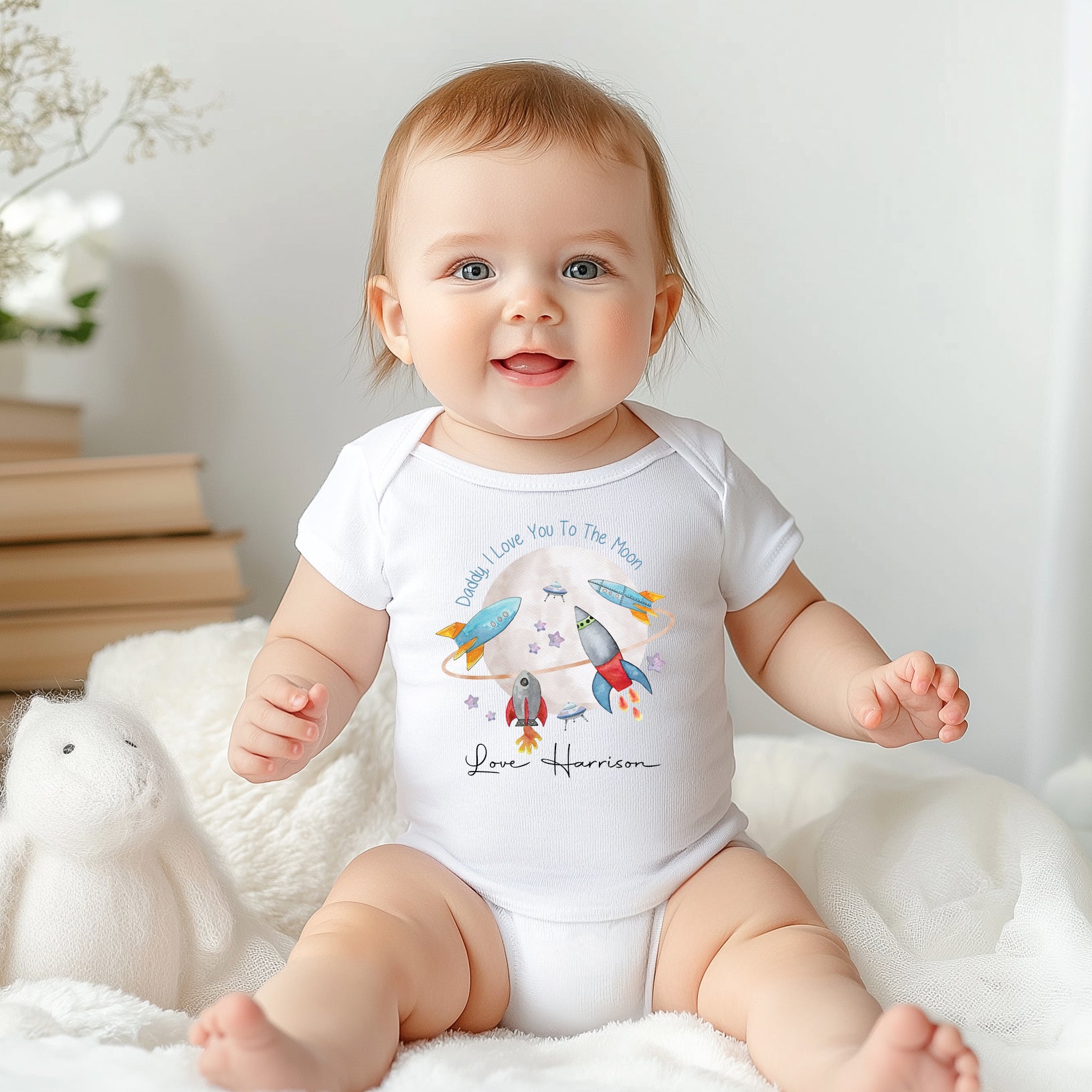 Personalised Father’s Day baby onesie featuring cute moon and stars print