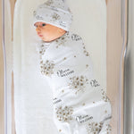 Personalised newborn beanie with custom name print, made from stretch poly fabric