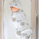 Personalised newborn beanie with custom name print, made from stretch poly fabric