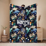 personalised Harry Potter-themed blanket with various characters and scenes.