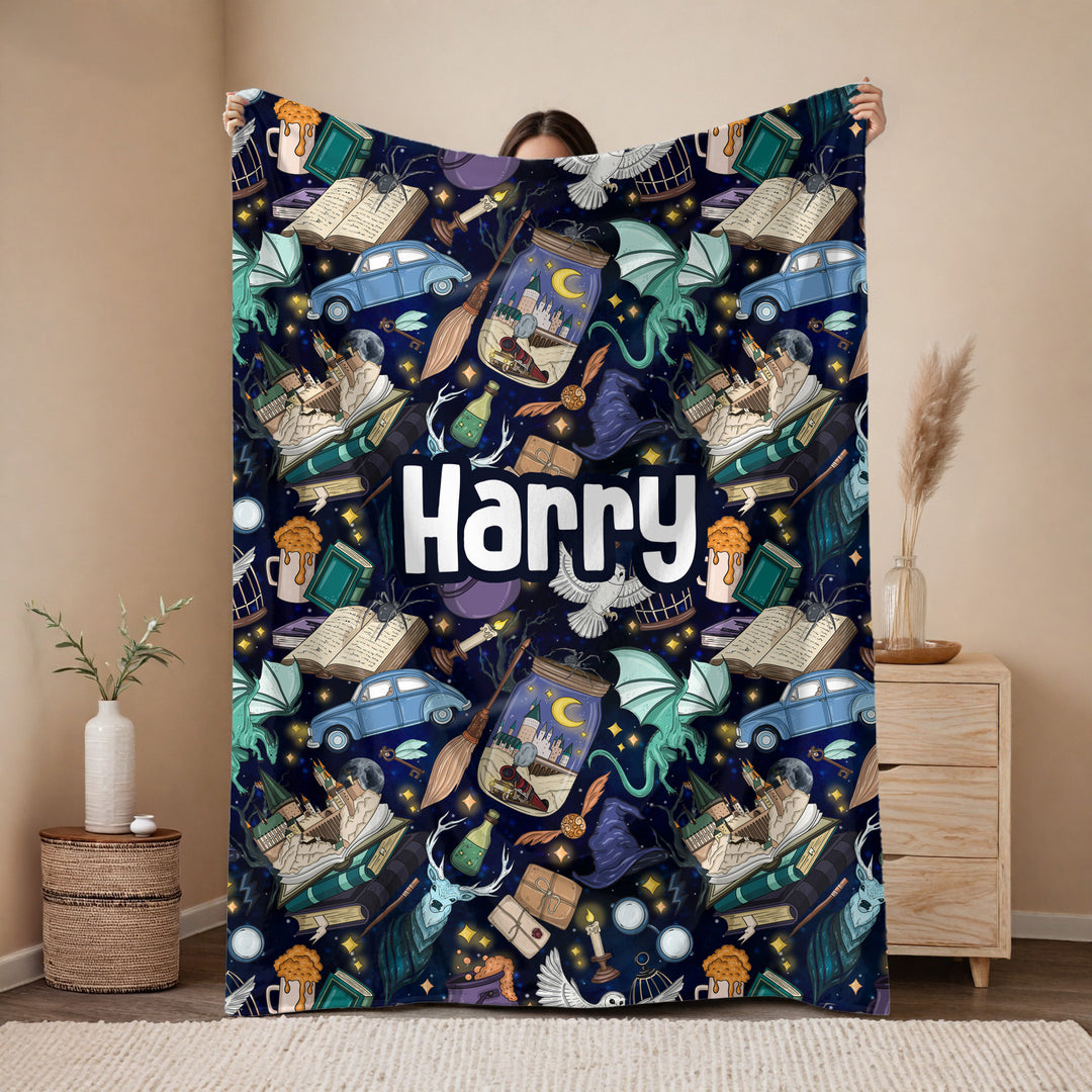 personalised Harry Potter-themed blanket with various characters and scenes.