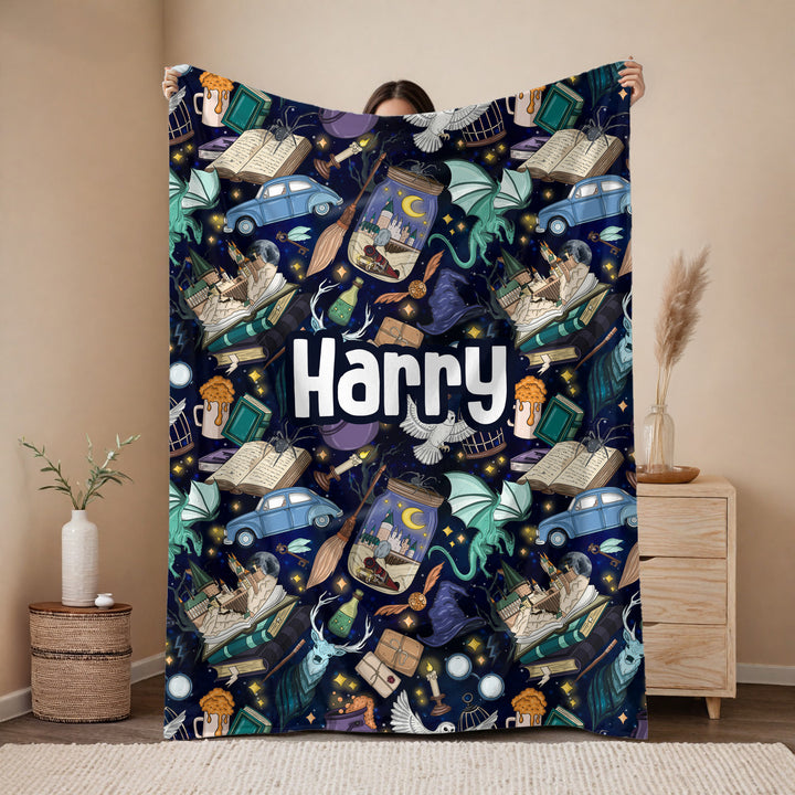 personalised Harry Potter-themed blanket with various characters and scenes.