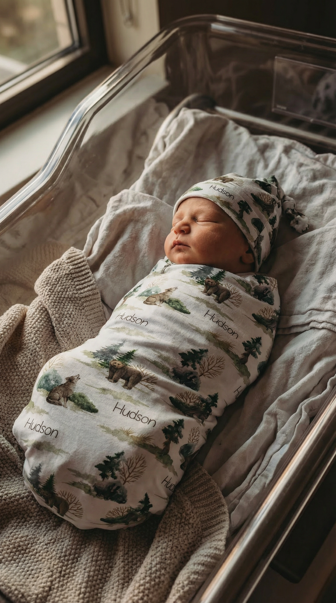 Personalised baby swaddle and beanie set in soft stretch poly fabric for newborn comfort and style